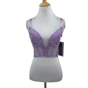 Seven Til Midnight Bustier Women L Large Lavender Lace Cropped Plunge V Neck